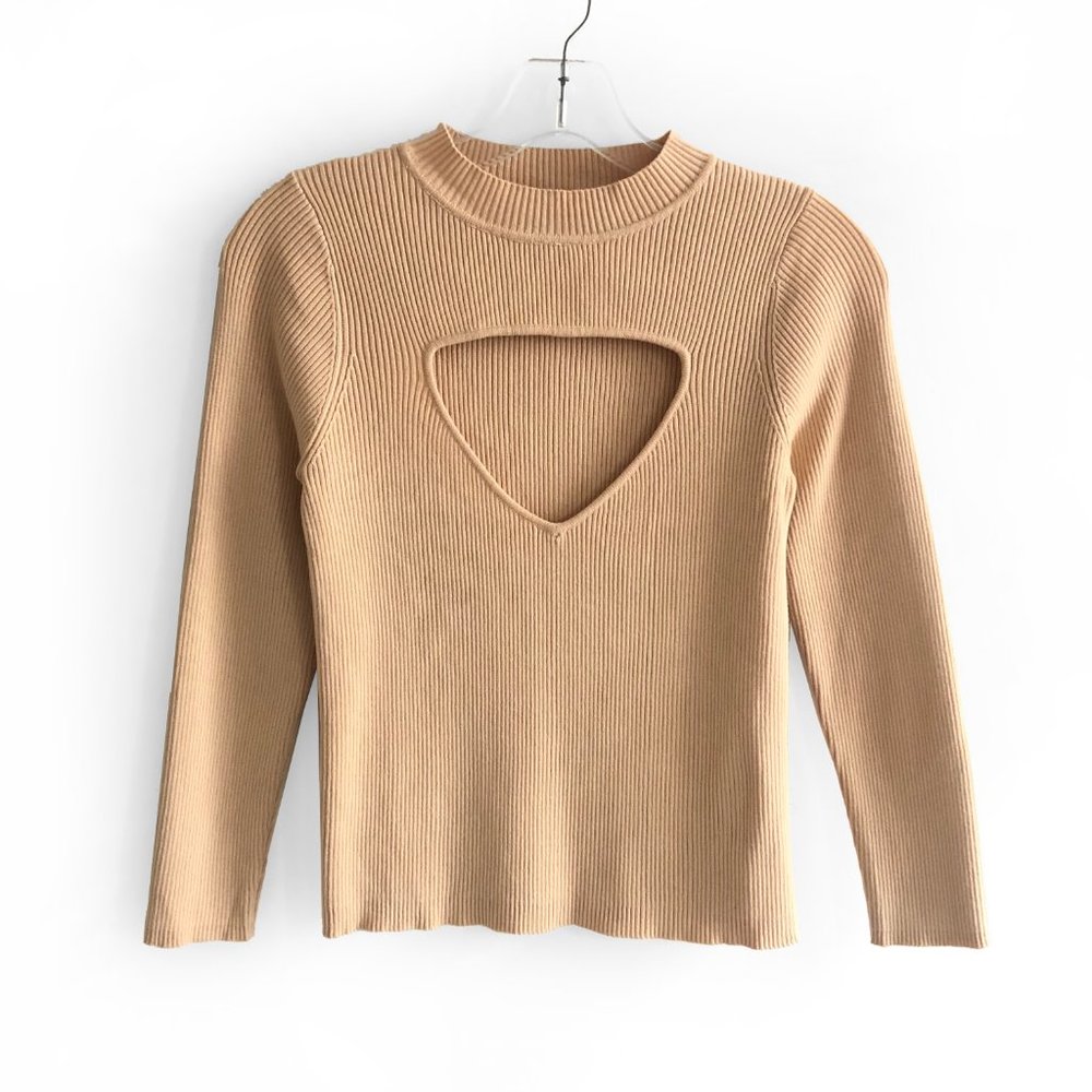ZARA beige nude ribbed stretch triangular keyhole cutout knit top
